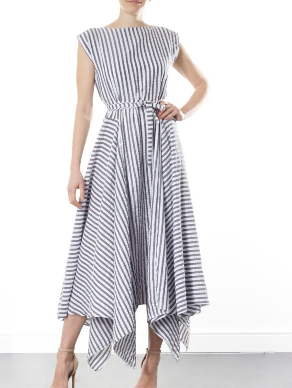 Meem Label Reena Asymmetrical Seersucker Stripe Dress Gray White Women's XL